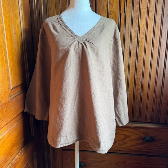 Hot Cotton Peasant Top Size 2X Tan Linen/Cotton Blend - Picture 1 of 10